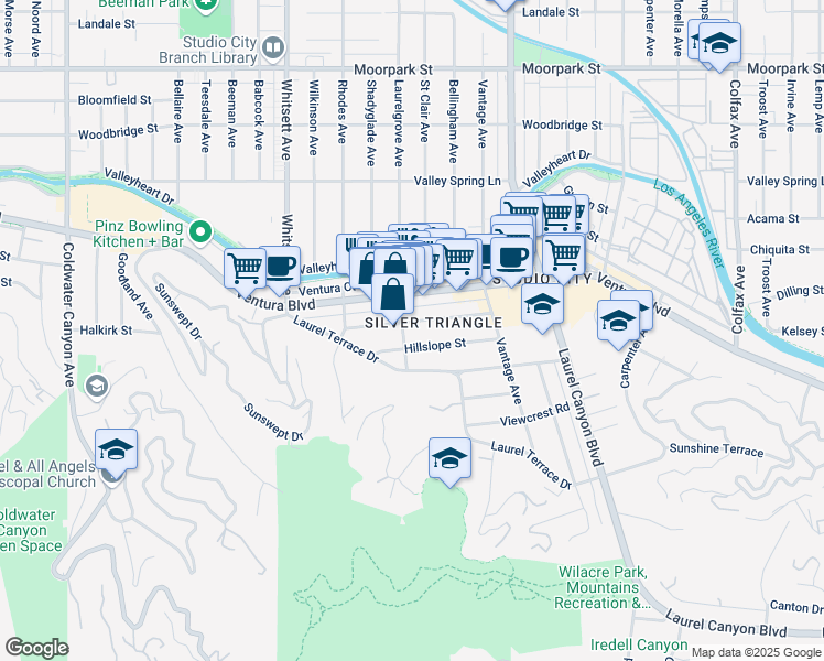map of restaurants, bars, coffee shops, grocery stores, and more near 12307 Hillslope Street in Los Angeles