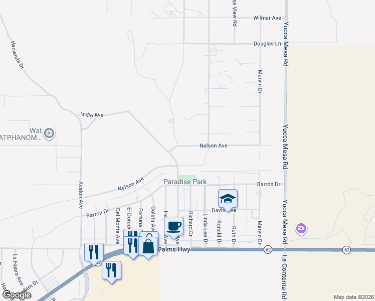 map of restaurants, bars, coffee shops, grocery stores, and more near 58945 Nelson Avenue in Yucca Valley