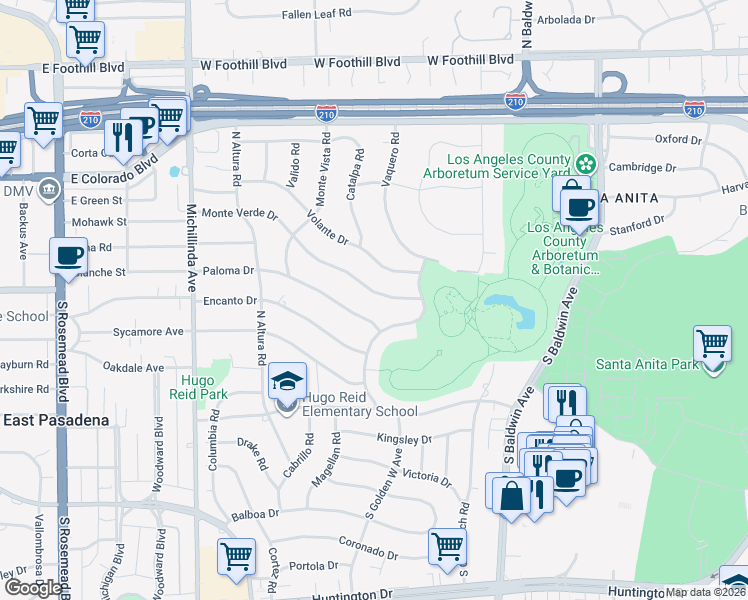 map of restaurants, bars, coffee shops, grocery stores, and more near 848 Monte Verde Drive in Arcadia