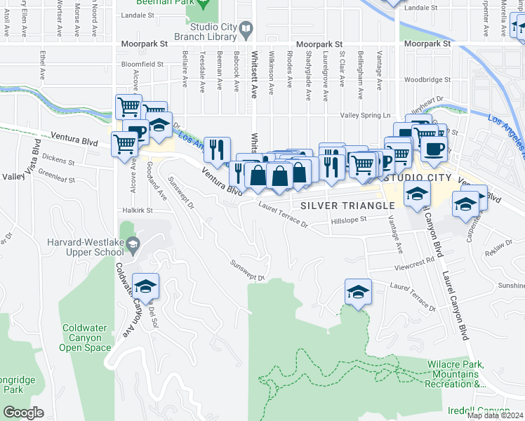 map of restaurants, bars, coffee shops, grocery stores, and more near 12448 Laurel Terrace Drive in Los Angeles