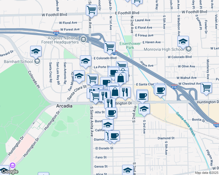 map of restaurants, bars, coffee shops, grocery stores, and more near 57 Wheeler Avenue in Arcadia