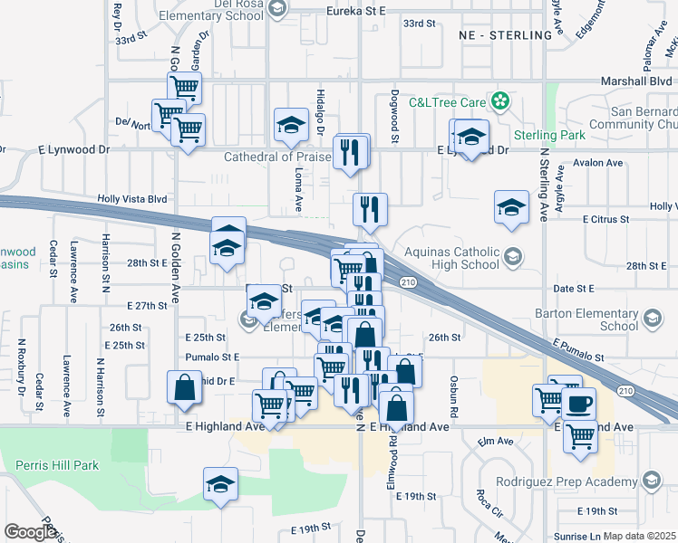 map of restaurants, bars, coffee shops, grocery stores, and more near 2741 Park Avenue in San Bernardino