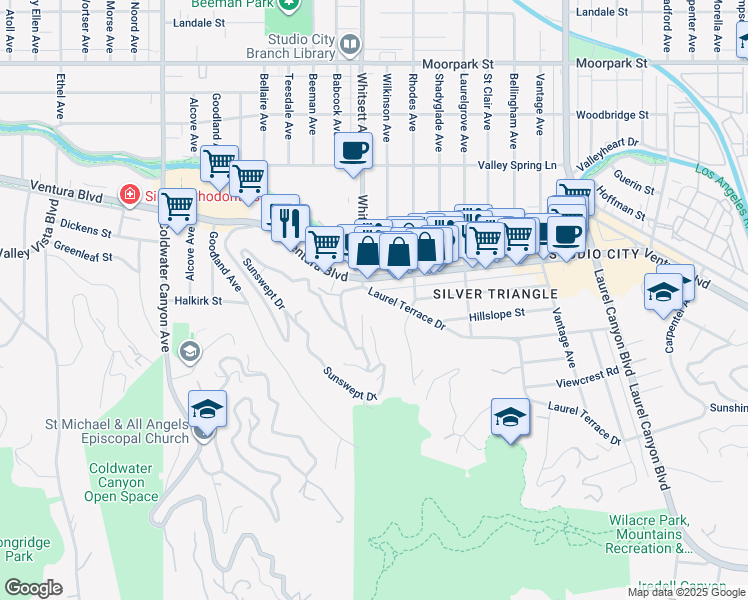 map of restaurants, bars, coffee shops, grocery stores, and more near 12448 Laurel Terrace Drive in Los Angeles
