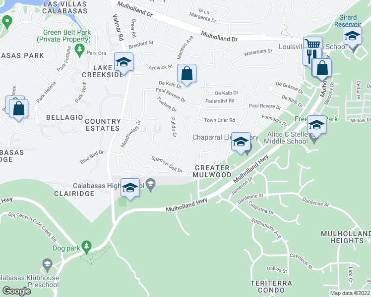 map of restaurants, bars, coffee shops, grocery stores, and more near 4032 Towhee Drive in Calabasas