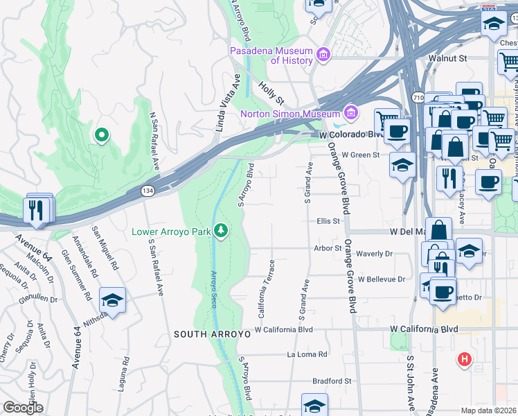 map of restaurants, bars, coffee shops, grocery stores, and more near 670 Westbridge Place in Pasadena