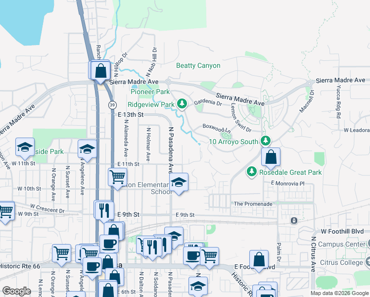 map of restaurants, bars, coffee shops, grocery stores, and more near 1120 North Old Mill Road in Azusa