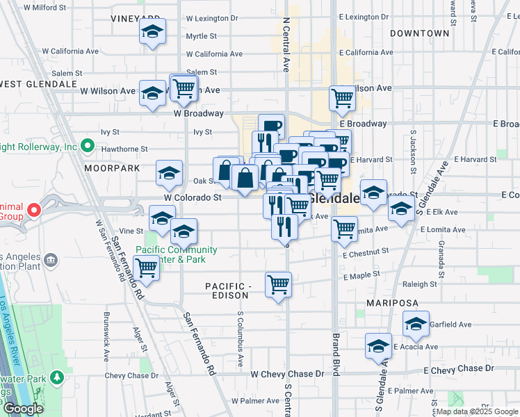 map of restaurants, bars, coffee shops, grocery stores, and more near 337 West Elk Avenue in Glendale