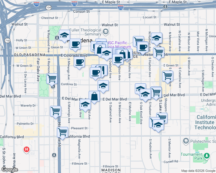 map of restaurants, bars, coffee shops, grocery stores, and more near 207 South Oakland Avenue in Pasadena