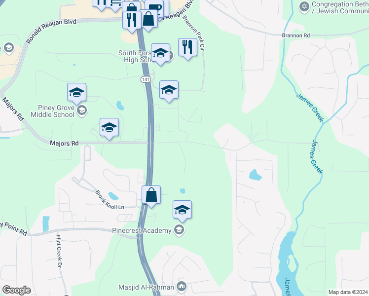 map of restaurants, bars, coffee shops, grocery stores, and more near 8384 Majors Road in Cumming