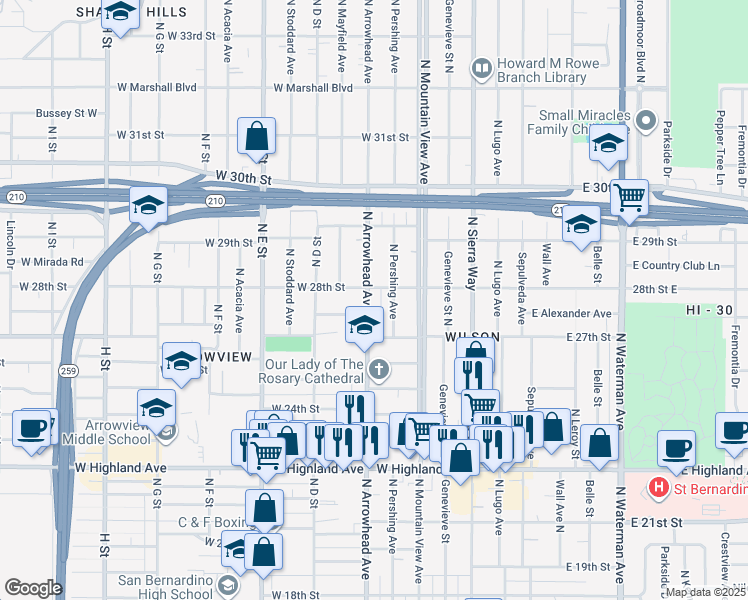 map of restaurants, bars, coffee shops, grocery stores, and more near 2779 North Arrowhead Avenue in San Bernardino