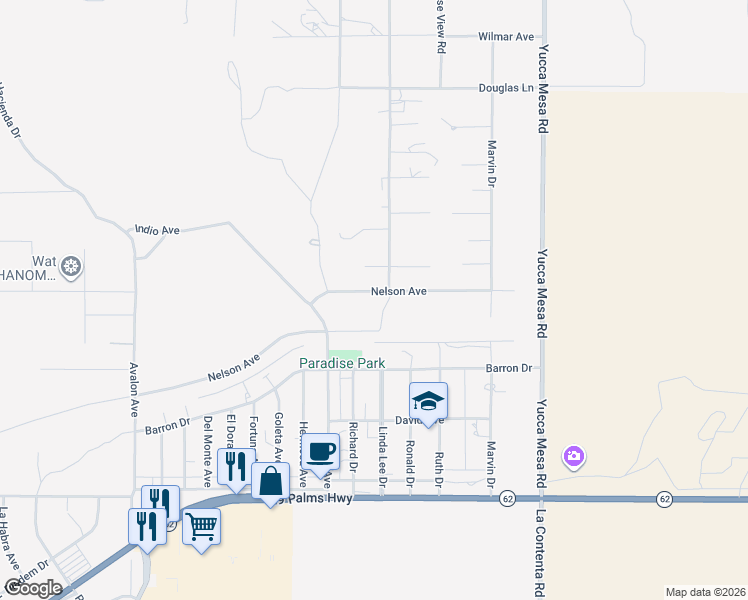 map of restaurants, bars, coffee shops, grocery stores, and more near 58945 Nelson Avenue in Yucca Valley