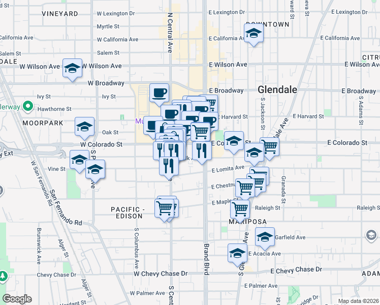 map of restaurants, bars, coffee shops, grocery stores, and more near 124 West Colorado Street in Glendale