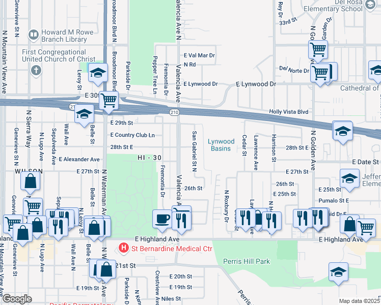 map of restaurants, bars, coffee shops, grocery stores, and more near 2786 San Gabriel Street North in San Bernardino