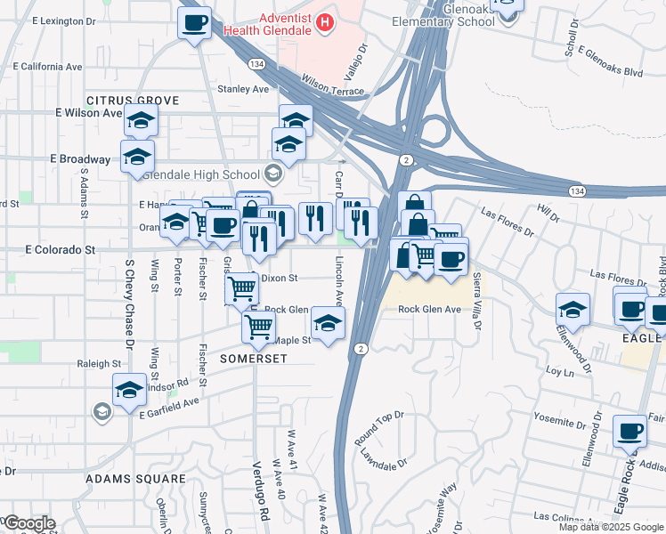 map of restaurants, bars, coffee shops, grocery stores, and more near 321 Lincoln Avenue in Glendale
