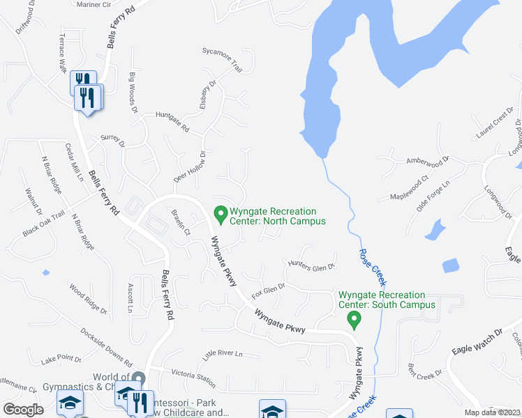 map of restaurants, bars, coffee shops, grocery stores, and more near 2011 Aldbury Lane in Woodstock