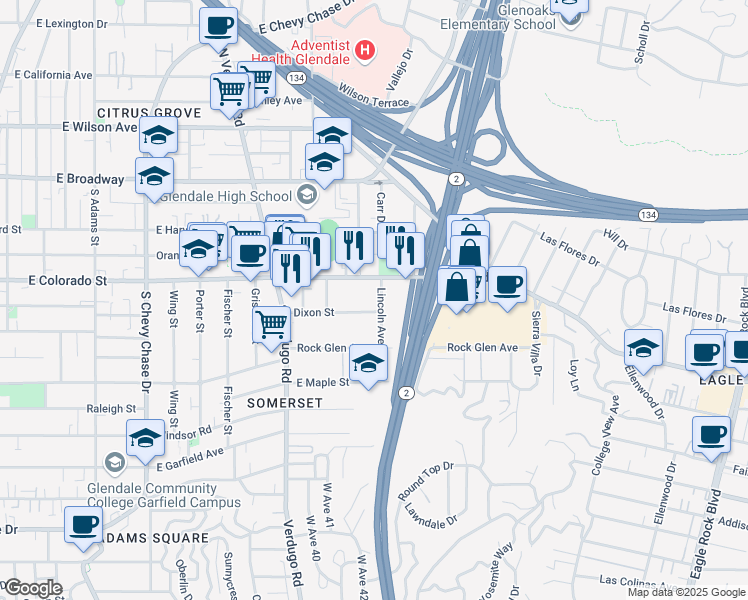map of restaurants, bars, coffee shops, grocery stores, and more near 321 Lincoln Avenue in Glendale