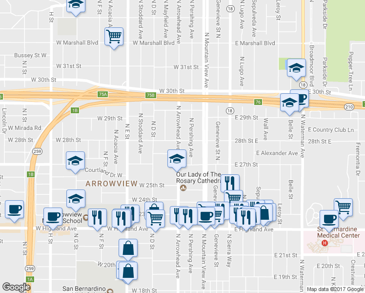 map of restaurants, bars, coffee shops, grocery stores, and more near 2779 North Arrowhead Avenue in San Bernardino