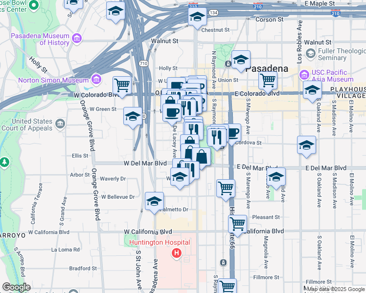 map of restaurants, bars, coffee shops, grocery stores, and more near 242 South De Lacey Avenue in Pasadena