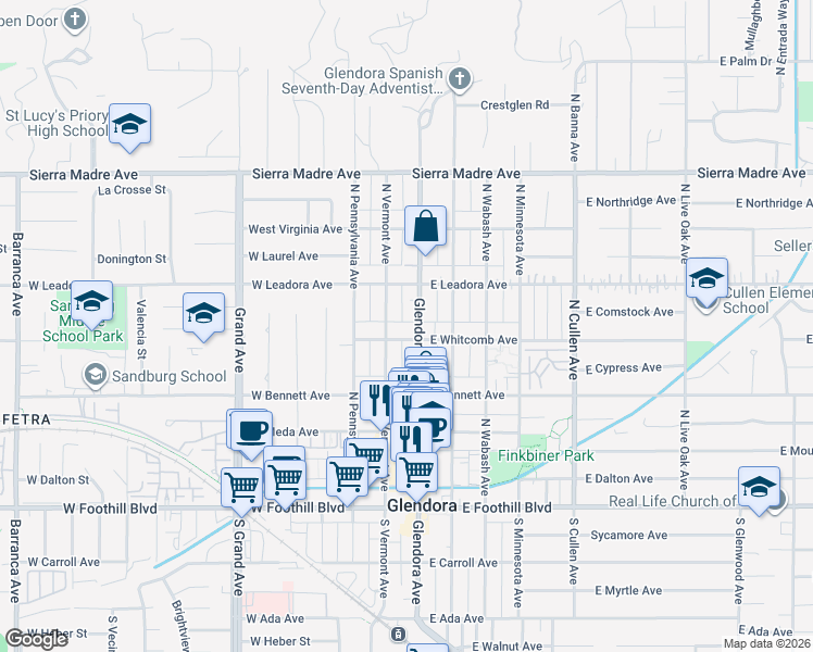 map of restaurants, bars, coffee shops, grocery stores, and more near 111 West Whitcomb Avenue in Glendora