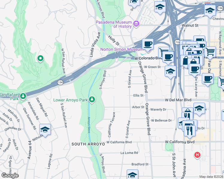 map of restaurants, bars, coffee shops, grocery stores, and more near 650 Westbridge Place in Pasadena