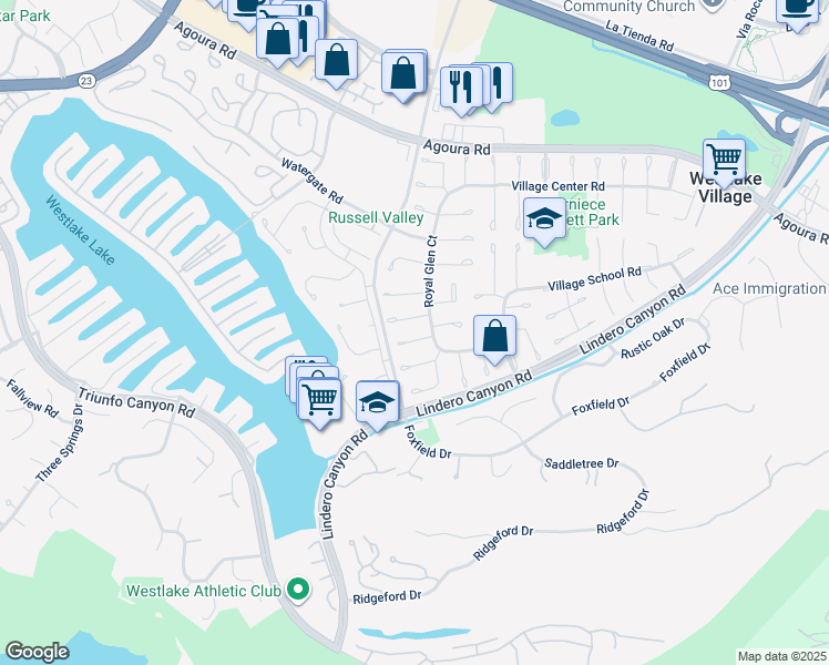 map of restaurants, bars, coffee shops, grocery stores, and more near 32017 Wallington Court in Westlake Village