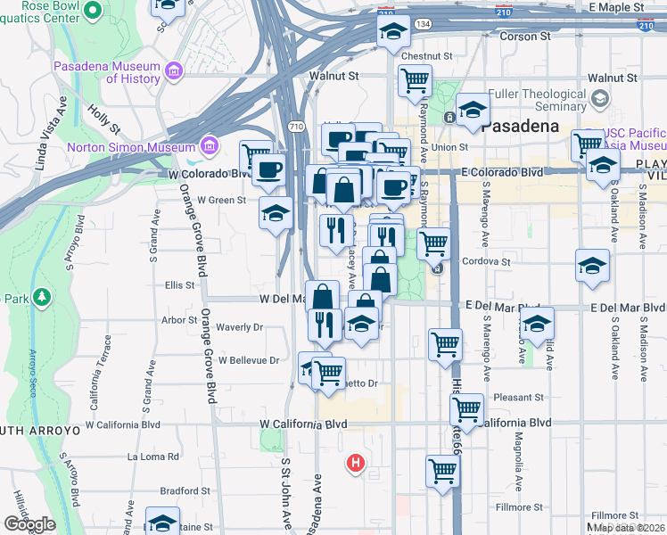 map of restaurants, bars, coffee shops, grocery stores, and more near 165 South De Lacey Avenue in Pasadena