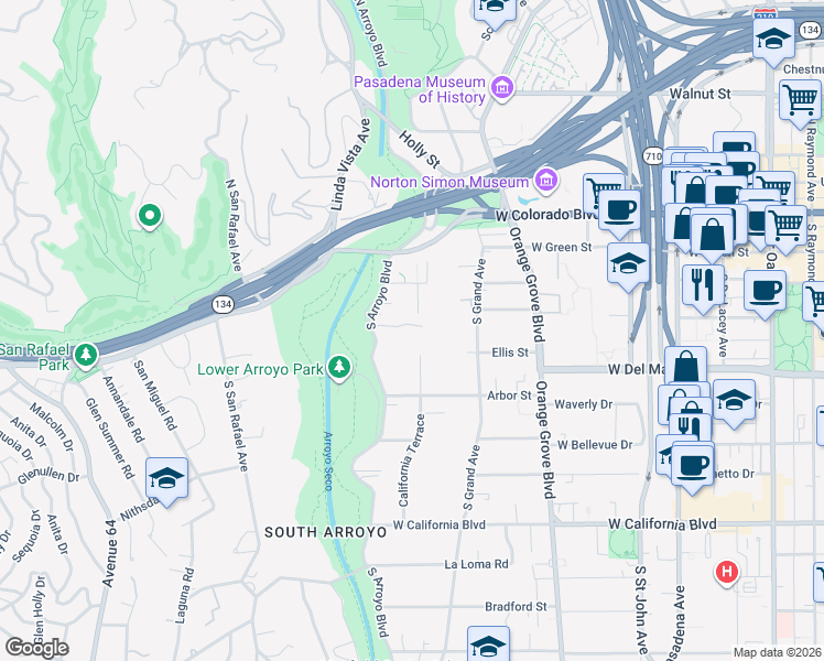 map of restaurants, bars, coffee shops, grocery stores, and more near 650 Westbridge Place in Pasadena