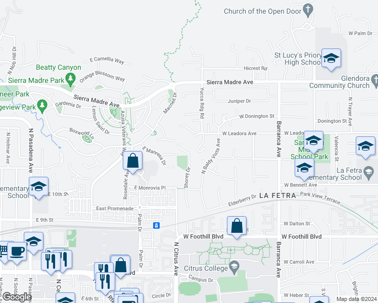 map of restaurants, bars, coffee shops, grocery stores, and more near 410 Meyer Lane in Glendora