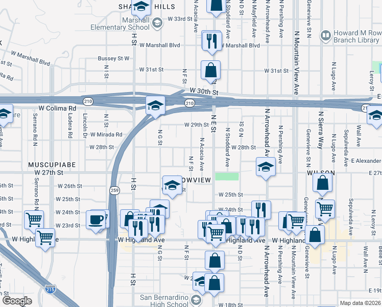 map of restaurants, bars, coffee shops, grocery stores, and more near North F Street in San Bernardino County