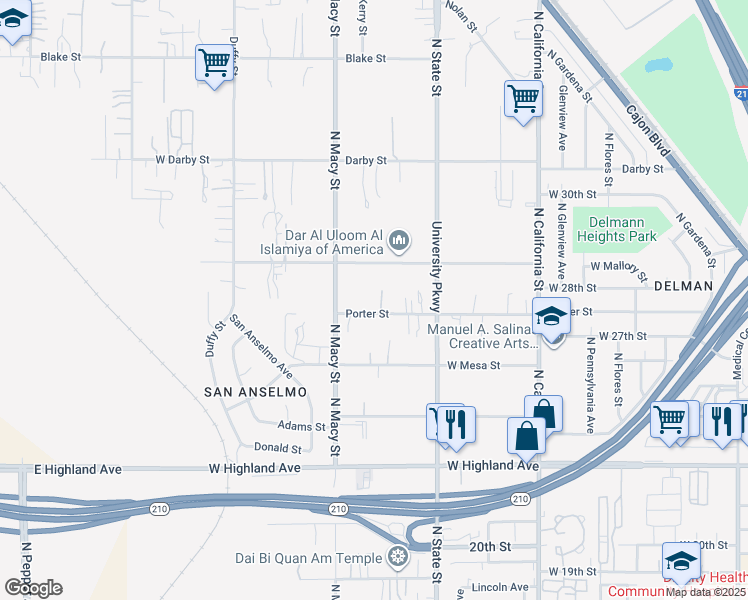 map of restaurants, bars, coffee shops, grocery stores, and more near 2055 Porter Street in Muscoy