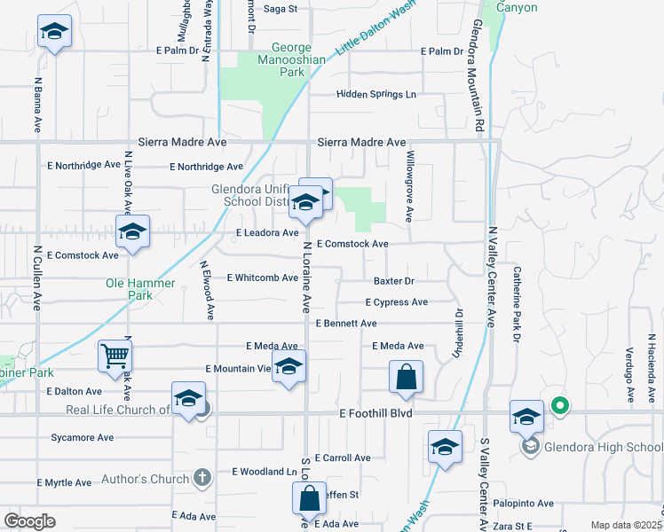 map of restaurants, bars, coffee shops, grocery stores, and more near 402 Humphreys Way in Glendora
