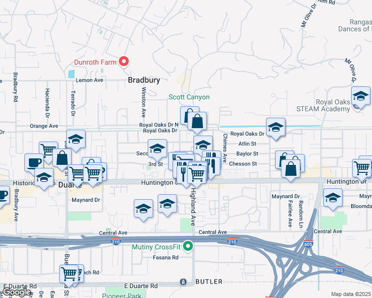 map of restaurants, bars, coffee shops, grocery stores, and more near 87 Oak Avenue in Duarte