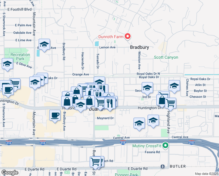 map of restaurants, bars, coffee shops, grocery stores, and more near 1000 Cabrillo Drive in Duarte
