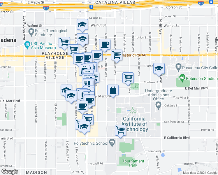 map of restaurants, bars, coffee shops, grocery stores, and more near 251 South Catalina Avenue in Pasadena