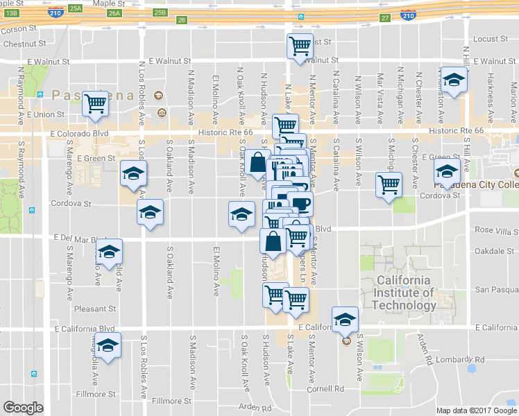 map of restaurants, bars, coffee shops, grocery stores, and more near 257 South Hudson Avenue in Pasadena