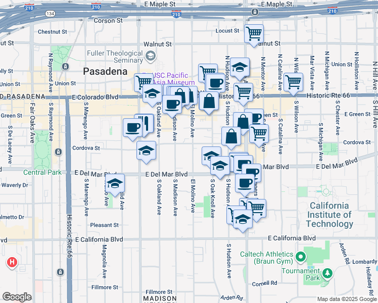 map of restaurants, bars, coffee shops, grocery stores, and more near in Pasadena
