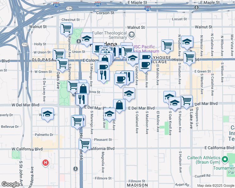 map of restaurants, bars, coffee shops, grocery stores, and more near 245 South Euclid Avenue in Pasadena