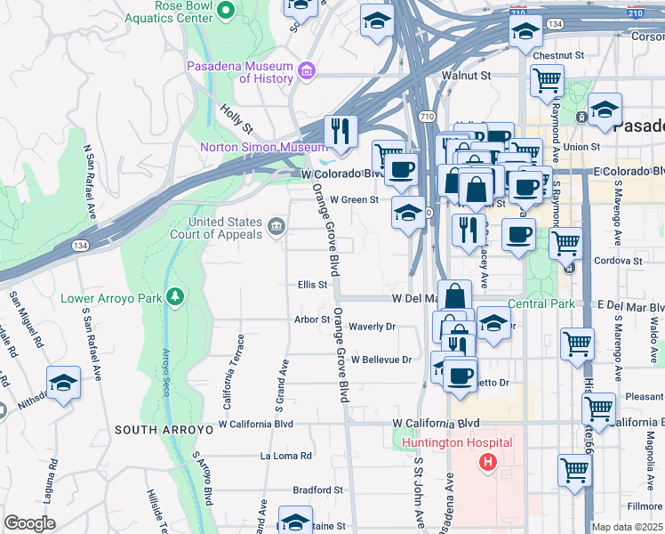 map of restaurants, bars, coffee shops, grocery stores, and more near 230 Orange Grove Boulevard in Pasadena