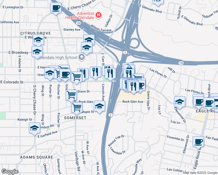 map of restaurants, bars, coffee shops, grocery stores, and more near 404 Lincoln Avenue in Glendale