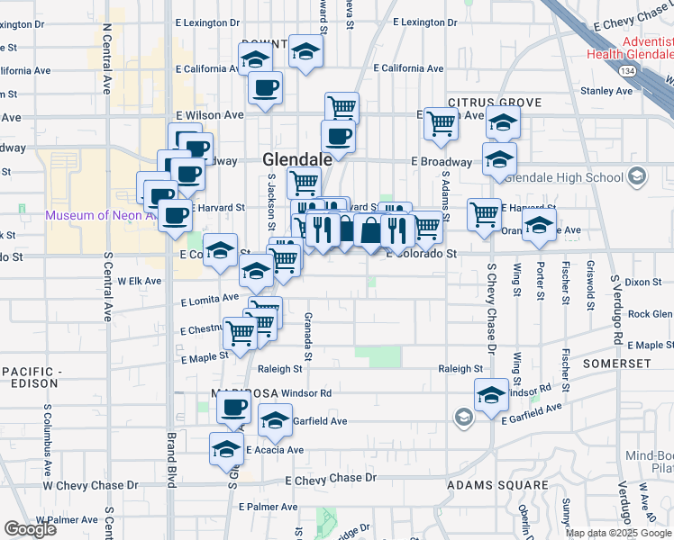 map of restaurants, bars, coffee shops, grocery stores, and more near 702 East Elk Avenue in Glendale