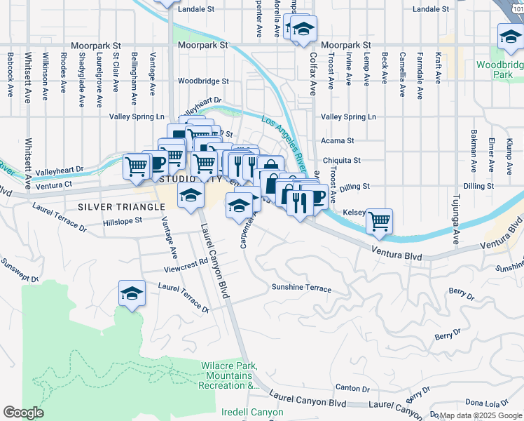 map of restaurants, bars, coffee shops, grocery stores, and more near 11847 Laurelwood Drive in Los Angeles