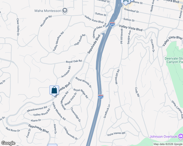 map of restaurants, bars, coffee shops, grocery stores, and more near 15605 Woodfield Place in Los Angeles