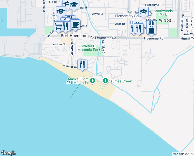 map of restaurants, bars, coffee shops, grocery stores, and more near 659 Ocean View Drive in Port Hueneme