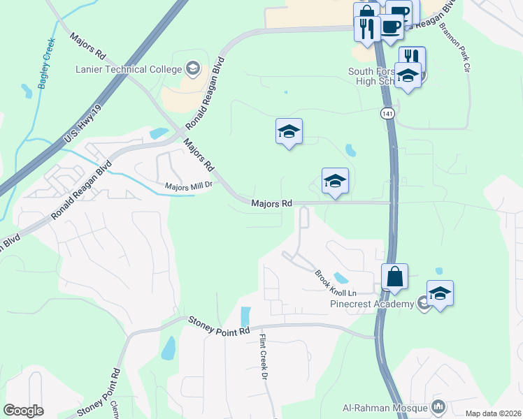 map of restaurants, bars, coffee shops, grocery stores, and more near 8185 Majors Glen Court in Cumming