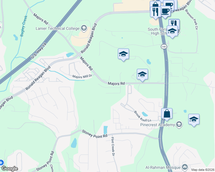 map of restaurants, bars, coffee shops, grocery stores, and more near 8190 Majors Glen Court in Cumming