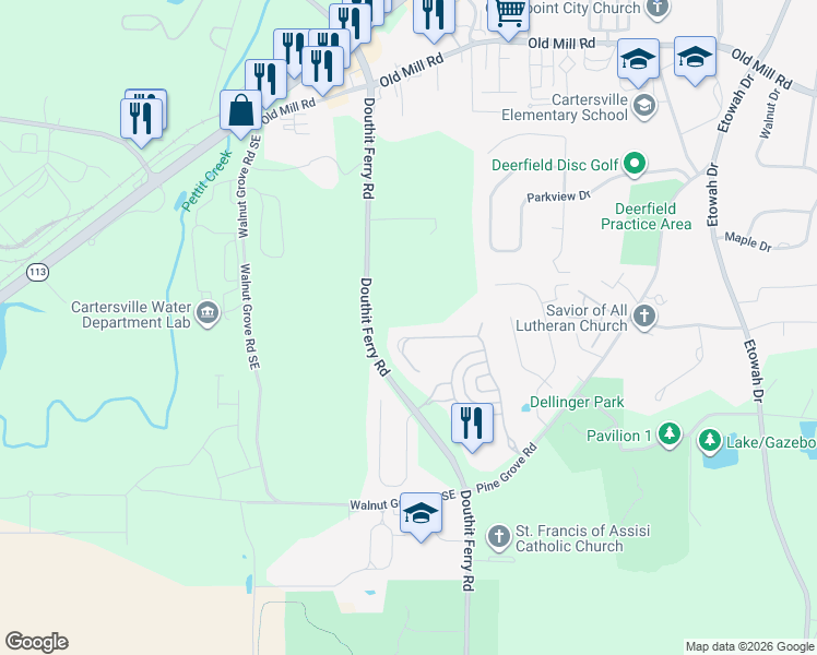 map of restaurants, bars, coffee shops, grocery stores, and more near 67 Lake Haven Drive in Cartersville