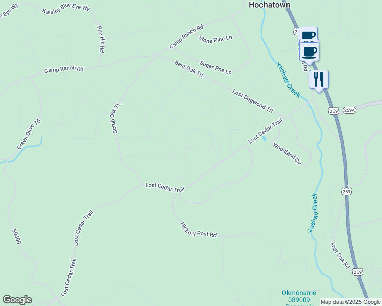 map of restaurants, bars, coffee shops, grocery stores, and more near Lost Creek Terrace in Broken Bow