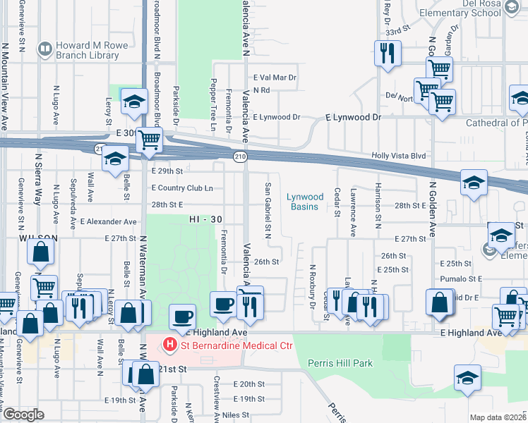map of restaurants, bars, coffee shops, grocery stores, and more near 2786 San Gabriel Street North in San Bernardino