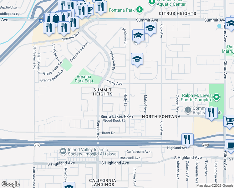 map of restaurants, bars, coffee shops, grocery stores, and more near 6164 Newell Court in Fontana