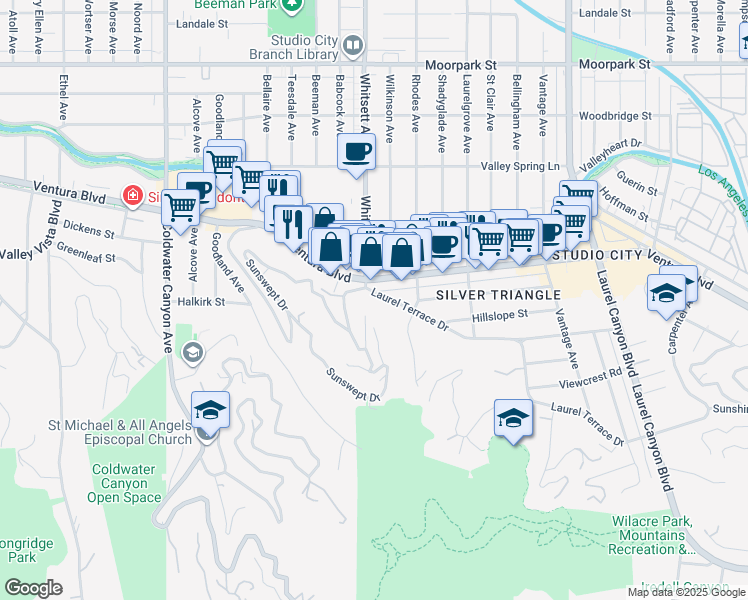 map of restaurants, bars, coffee shops, grocery stores, and more near 12452 Laurel Terrace Drive in Los Angeles